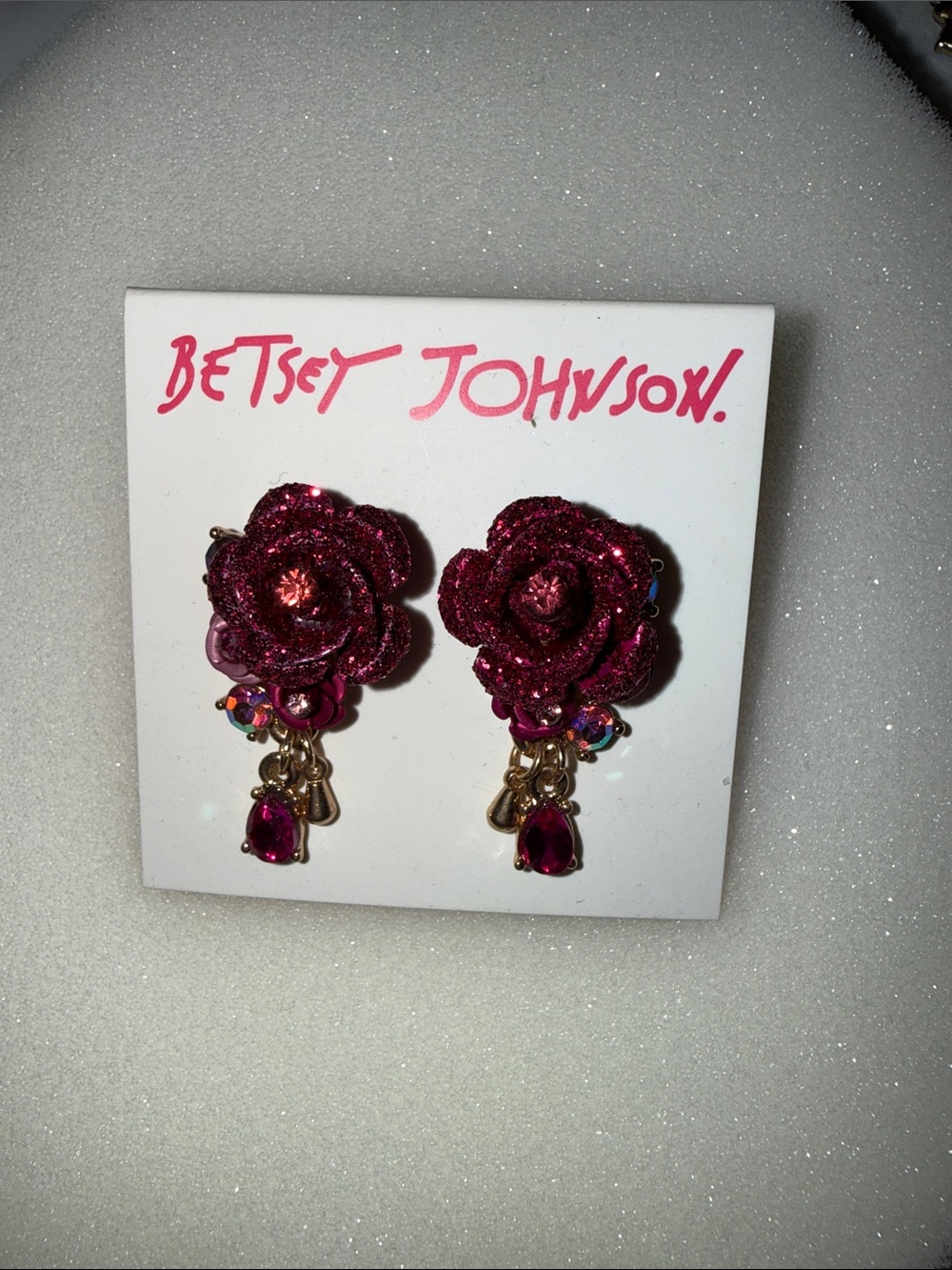 Betsey Johnson Magenta Glitter Rose Drop Earrings with Gold Accents